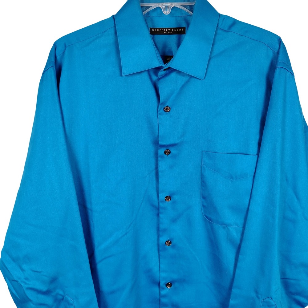Geoffrey Beene Mens 17 34/35 Fitted Dress Shirt Blue Cotton Blend Corporate Core